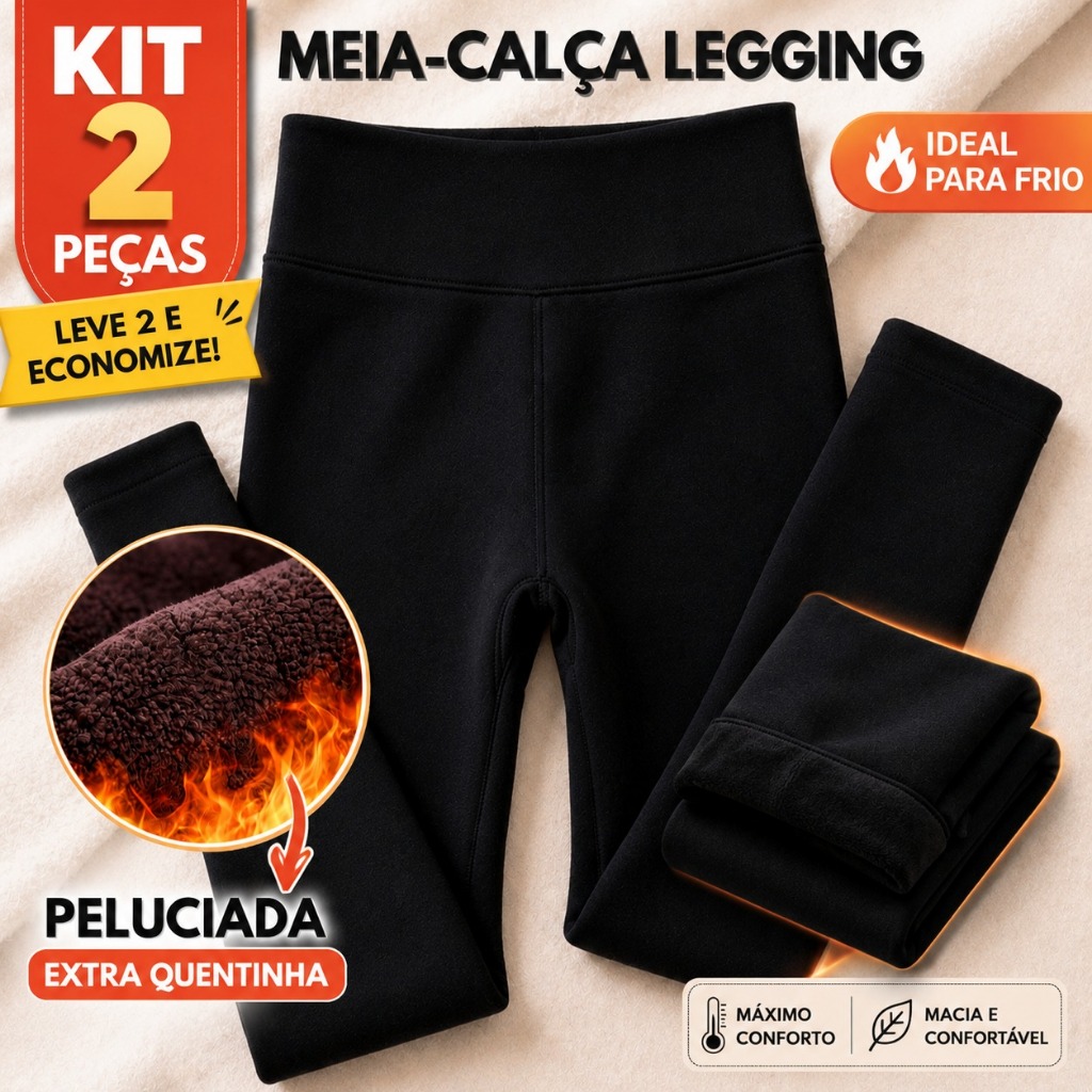 Kit 2 Meia Calça Térmica Flanelada Preta Legging Segunda Pele Cintura Alta Inverno Não Transparente