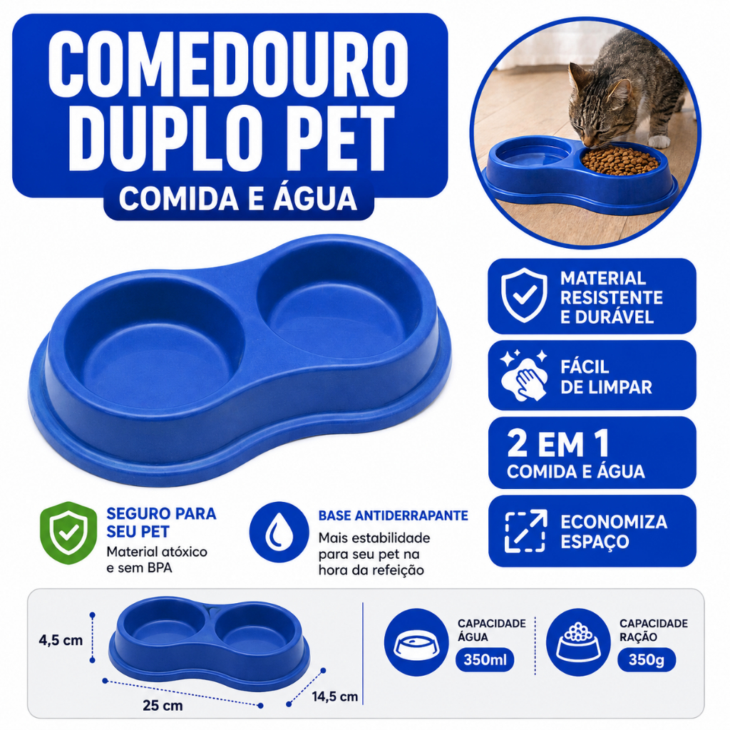 Comedouro / Bebedouro Duplo 270ml ( cada lado) - Cães e Gatos - Envio Imediato