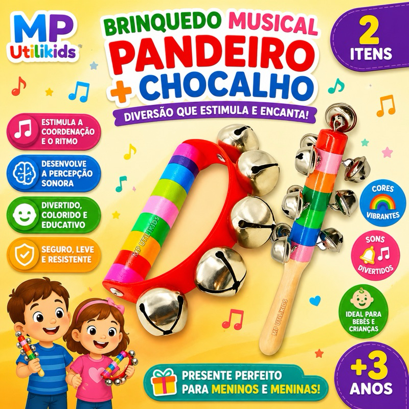 Brinquedo Infantil Musical Pandeiro Chocalho Criança Bebê Educativo 2 Itens Menino Menina NF
