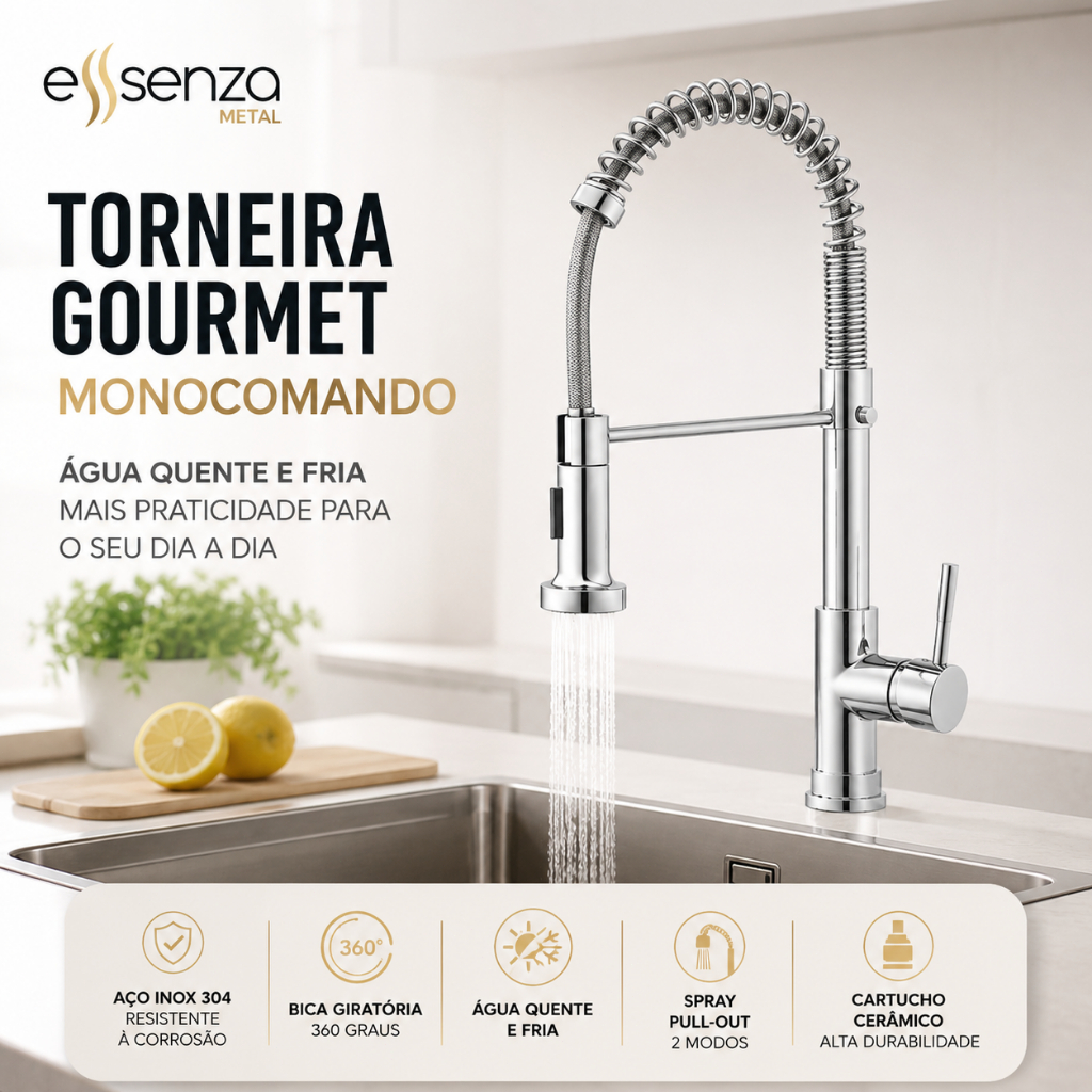 Torneira Gourmet Cozinha Essenza Monocomando Flexível Bancada Parede Preta Prata 2 Jatos