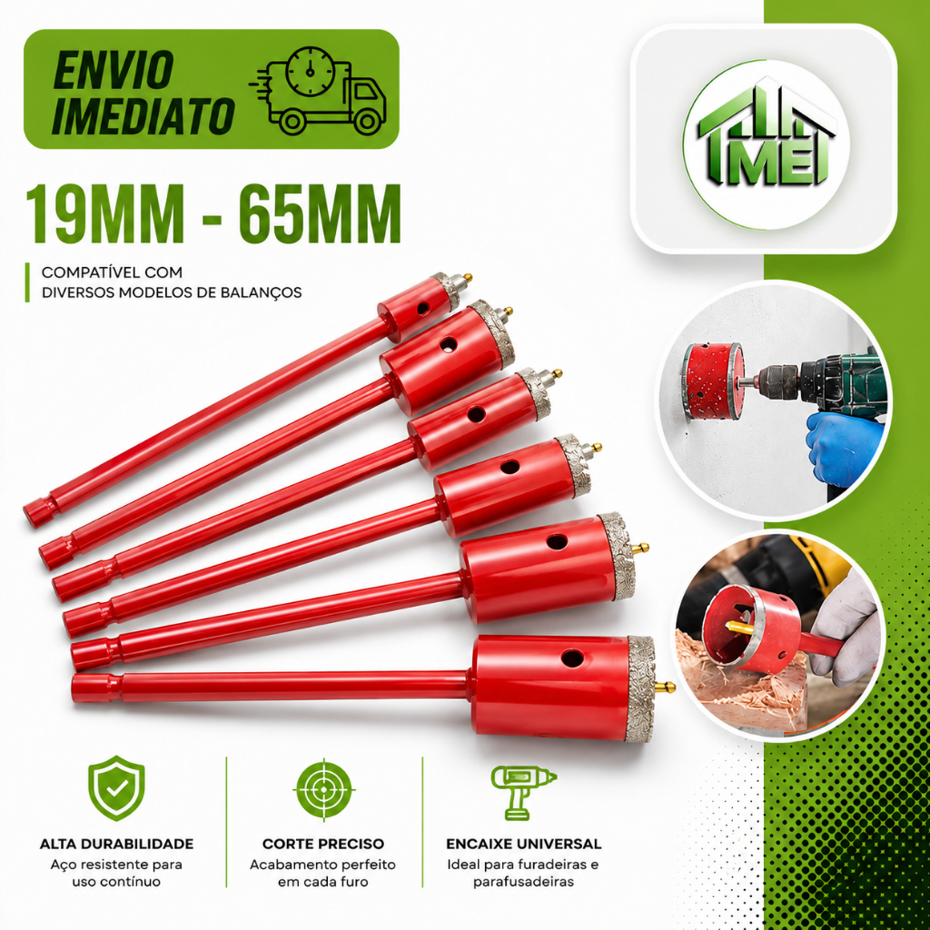 Broca Serra Copo Diamantada Para Concreto 19mm 25mm 30mm 35mm 40mm 45mm 53mm 60mm 65mm Profissional
