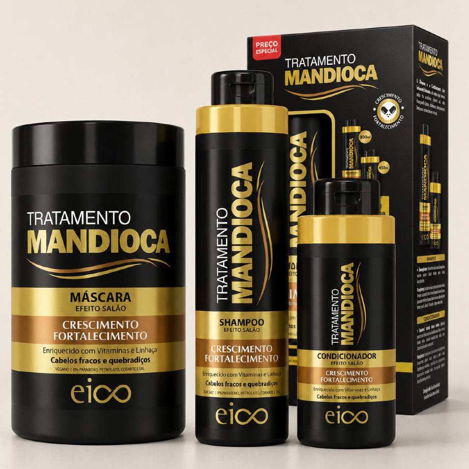 KIT Eico Tratamento Mandioca Shampoo 800ml e Condicionador 450ml + Máscara 1kg Crescimento Força