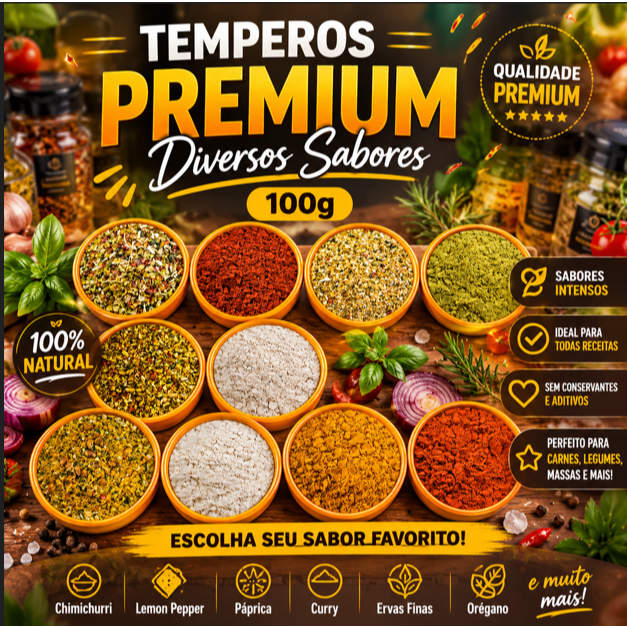 Temperos Naturais Premium 100g Páprica Chimichurri Lemon Pepper Curry Alho e Mais