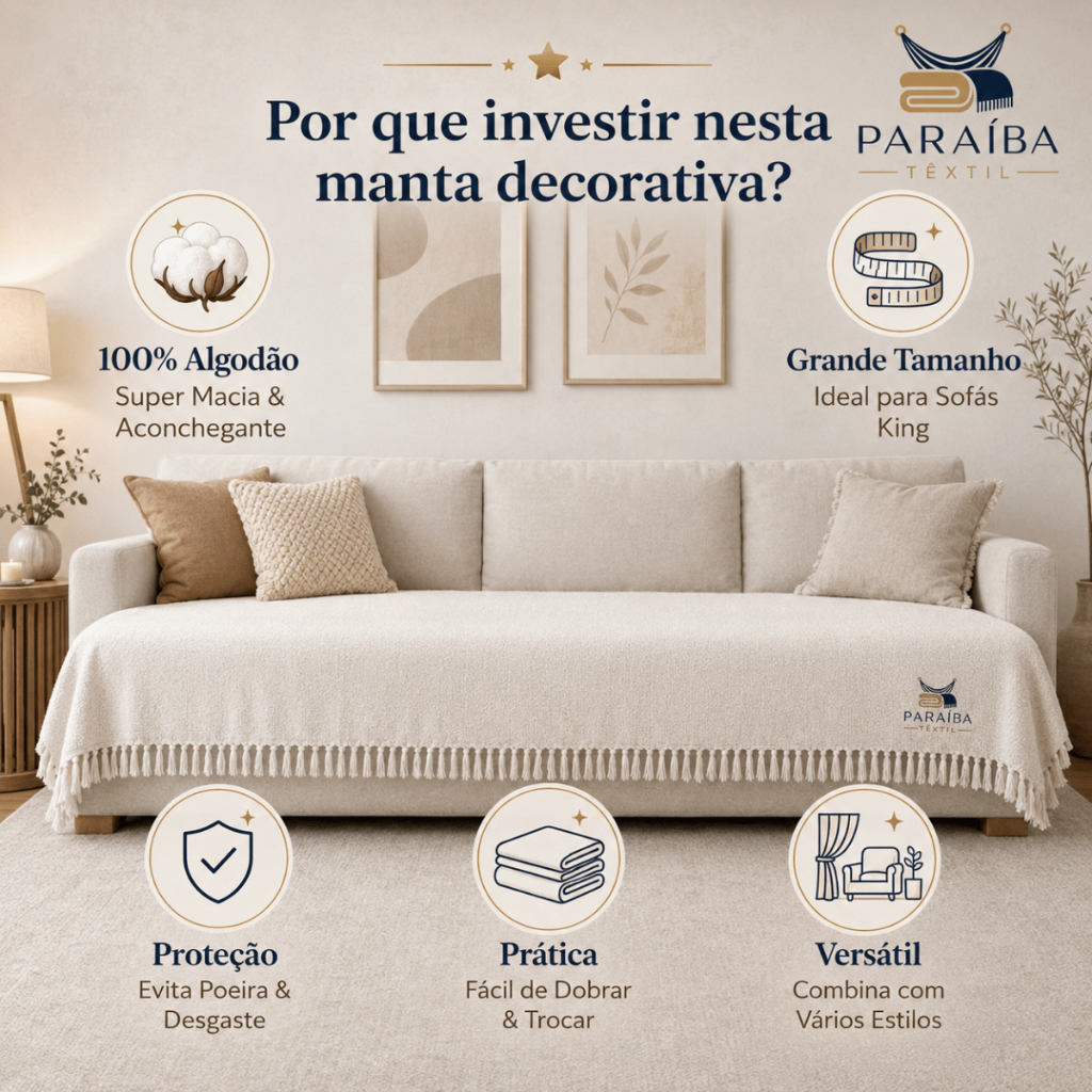 Manta Decorativa Sofá King Gigante Premium 2,40 x 1,80m 100% Algodão Paraíba Têxtil — imagem 2 de 2