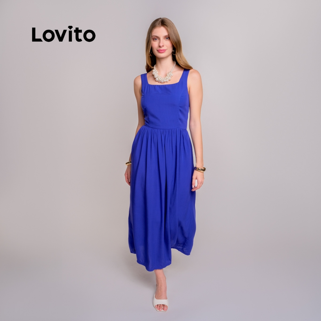 Lovito Vestido Feminino Midi Rodado com Alças Largas Moda Feminina DRB1362BRL1392