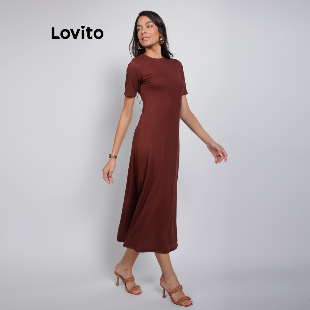 Lovito Vestido Longo Casual de Malha Manga Curta Moda Feminina BRDRB909BRL939