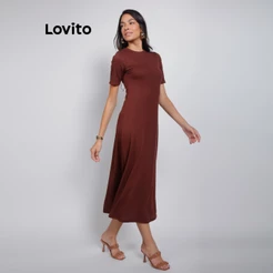 Lovito Vestido Longo Casual de Malha Manga Curta Moda Feminina BRDRB909BRL939