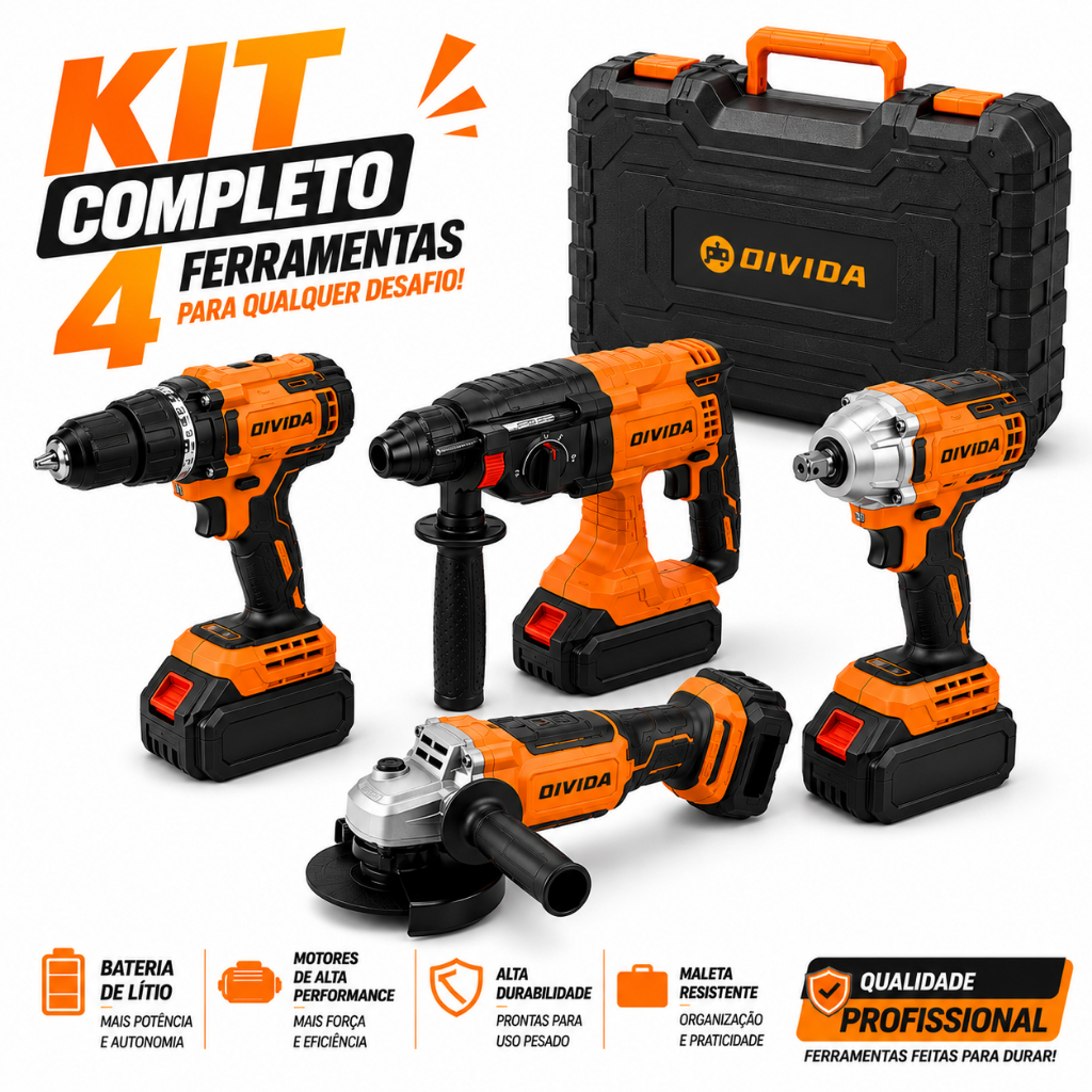 Kit 4 ferramentas 48v Completo Maleta Furadeira Parafusadeira Chave Impacto Esmerilhadeira Angular Martelete Rompedor