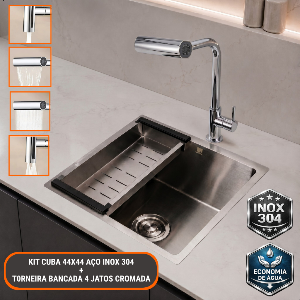 Pia de Cozinha Cuba Gourmet 44x44cm Inox Kit Cuba Pia de Cozinha Torneira Bancada Gourmet 4 Jatos