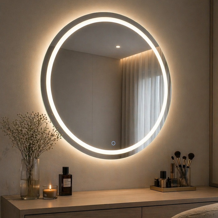 Espelho Redondo 40x40cm Jateado com Led 3 Cores e Botão Touch Lapidado Decoração Quarto Banheiro
