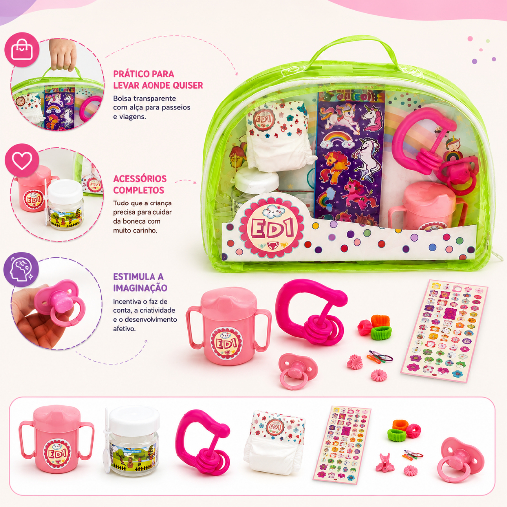 Kit Passeio Bolsa Acessórios Bonecas Bebê Reborn pequena Fralda Chocalho Chupeta Infantil Brinquedos