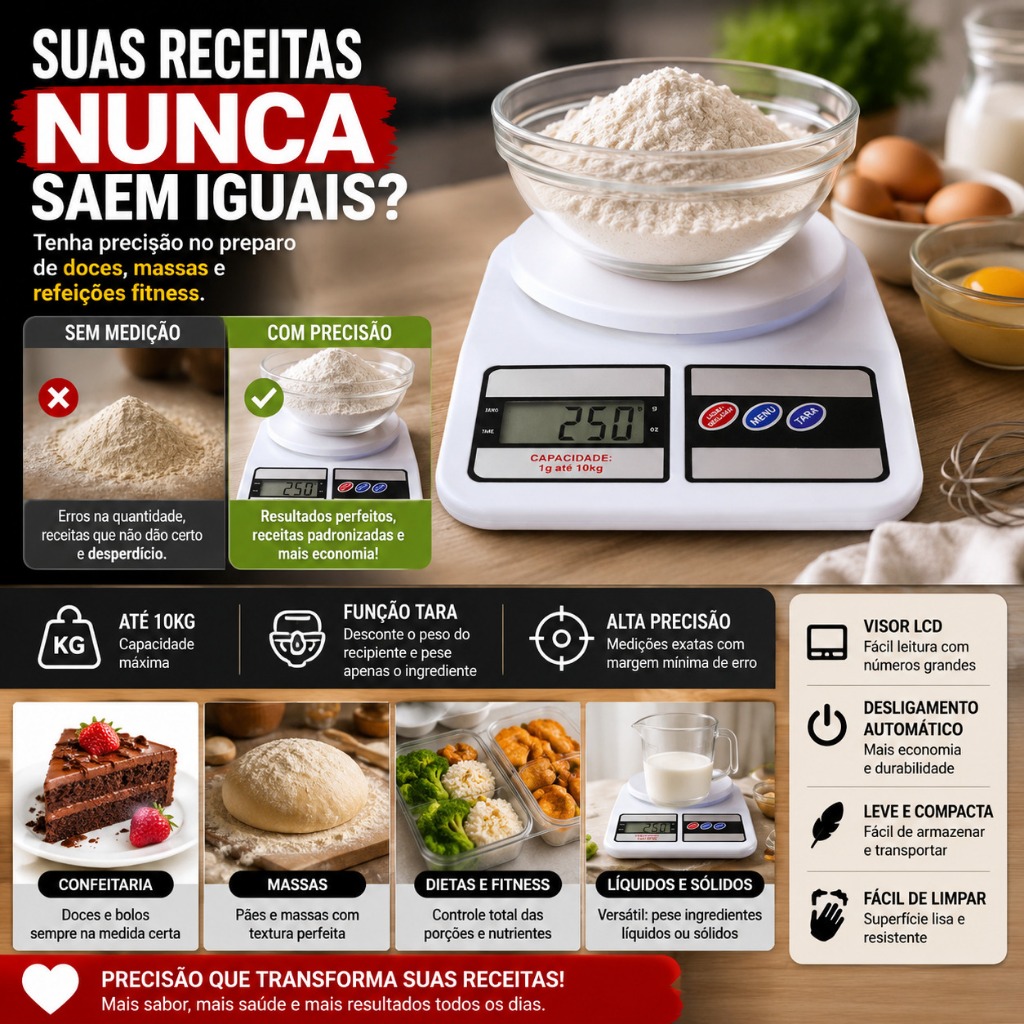Balança Digital De Cozinha Alta Precisão 10kg Pesa Alimentos Dieta Fitness Nutrição Com Função Tara