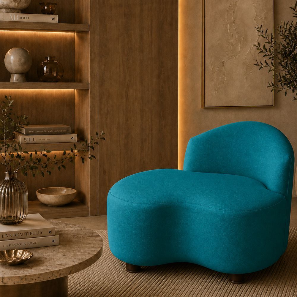 Sofá Puff Banco Orgânico Curvo Nice 100cm Slim Compacto Recepção Tecido Macio Suede Azul Turquesa