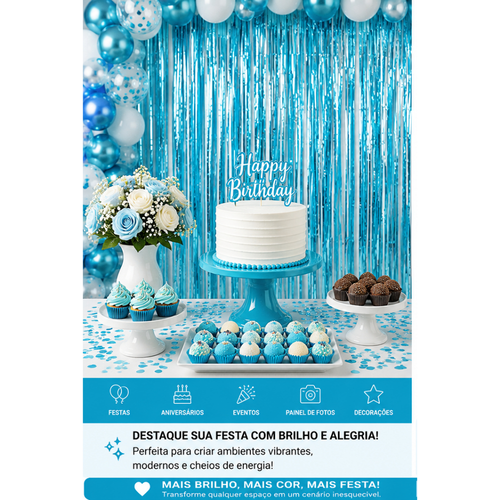 Cortina Metalizada Azul Bebê Para Festa 1x2m Painel Decorativo Aniversário