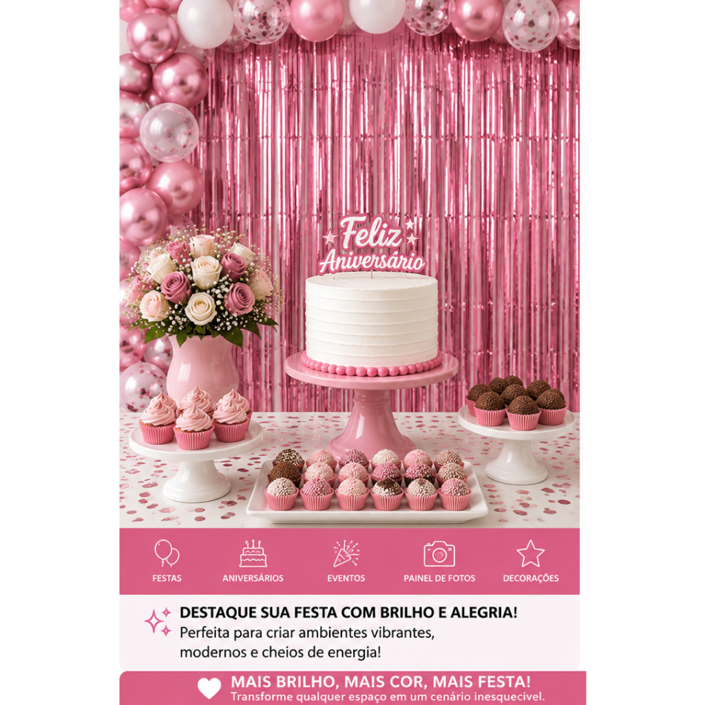 Cortina Metalizada Rosa Bebê Para Festa 1x2m Painel Decorativo Aniversário