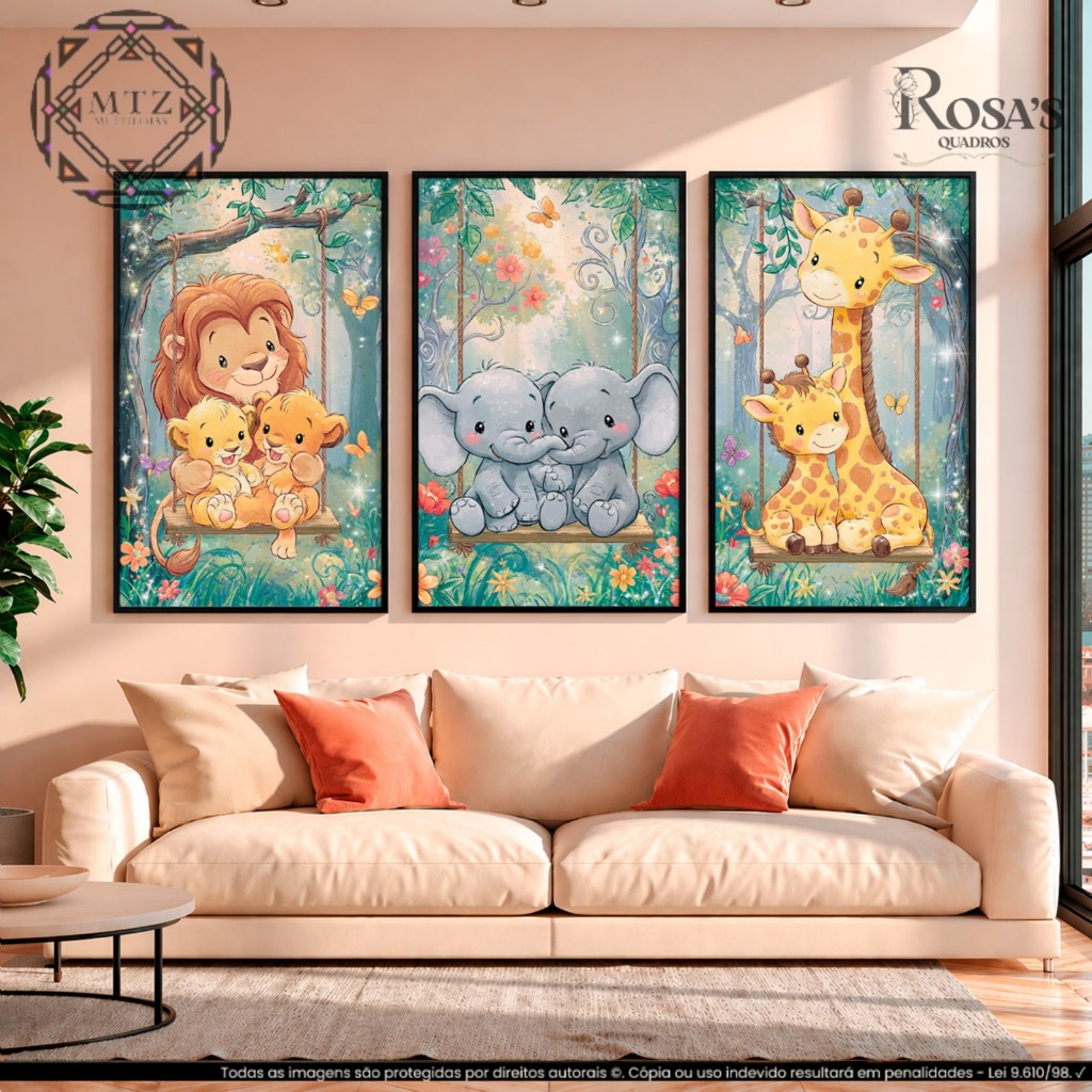 Kit 3 Placas Decorativas Safari Baby no Balanço Leão Elefante Girafa Quarto Infantil