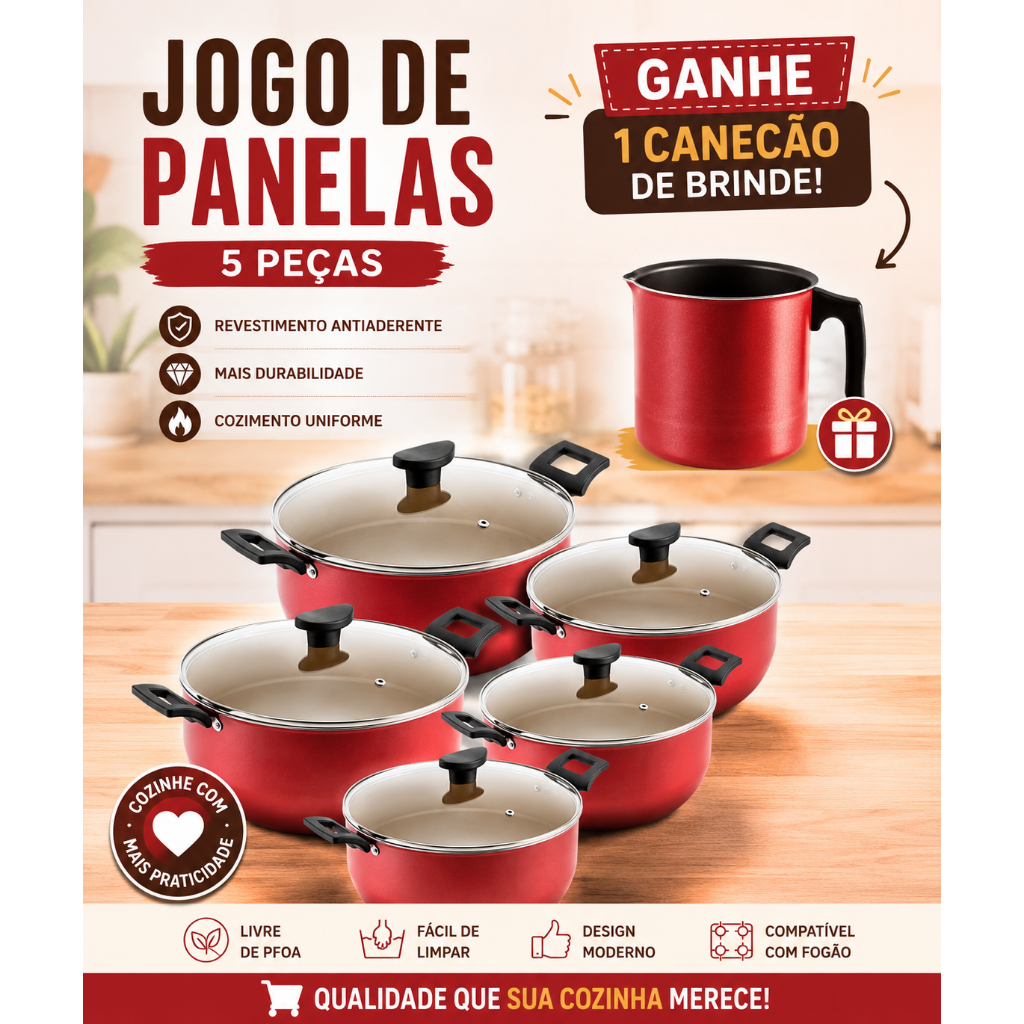 Conjunto Jogo De Panelas Antiaderente + BRINDE Conjunto Teflon Tampa de Vidro Várias Cores Durável Moderna