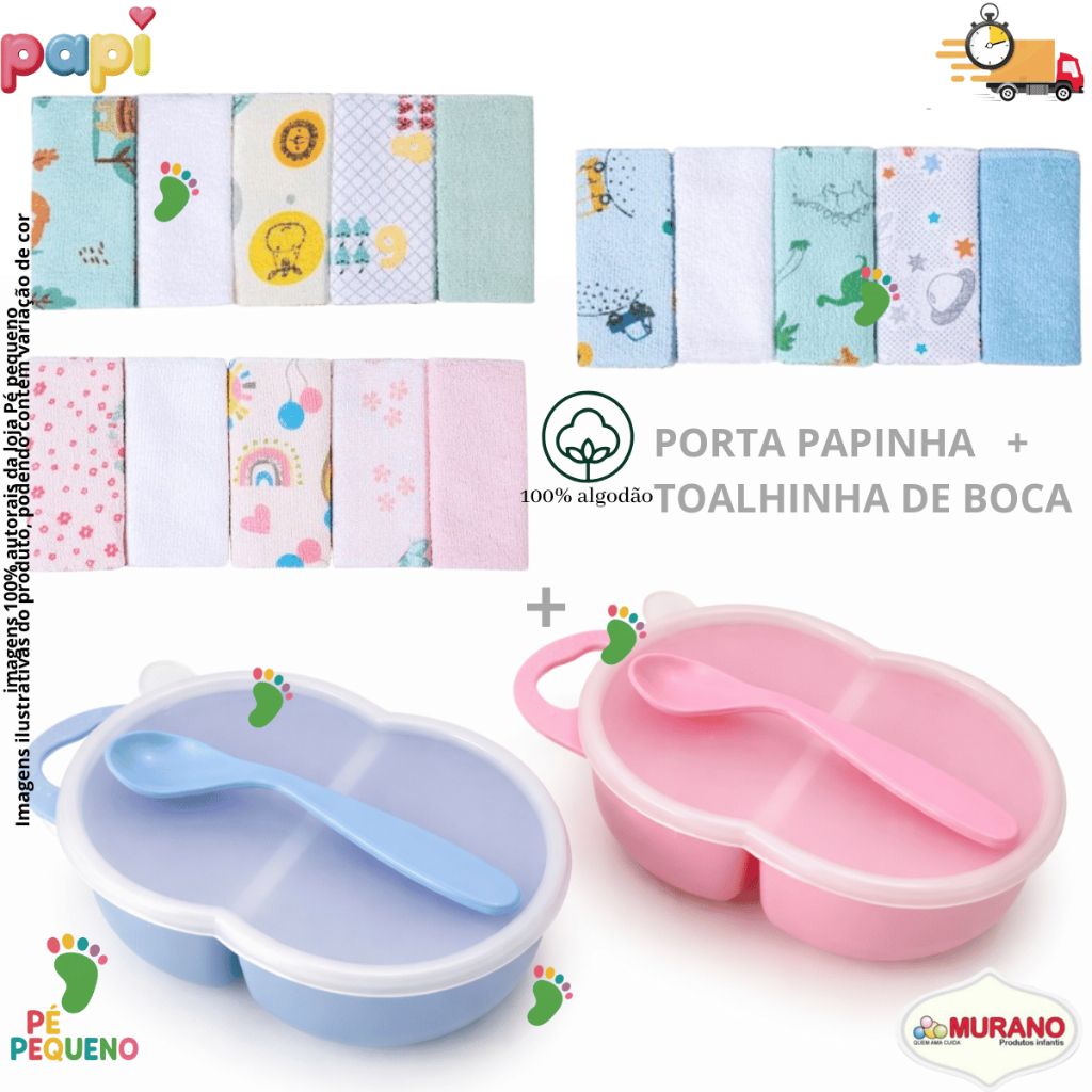 Kit Alimentação Bebê Porta Papinha Com Tampa Murano+Toalhinha de Boca 100%Algodão Papi Essencial no enxoval do bebê