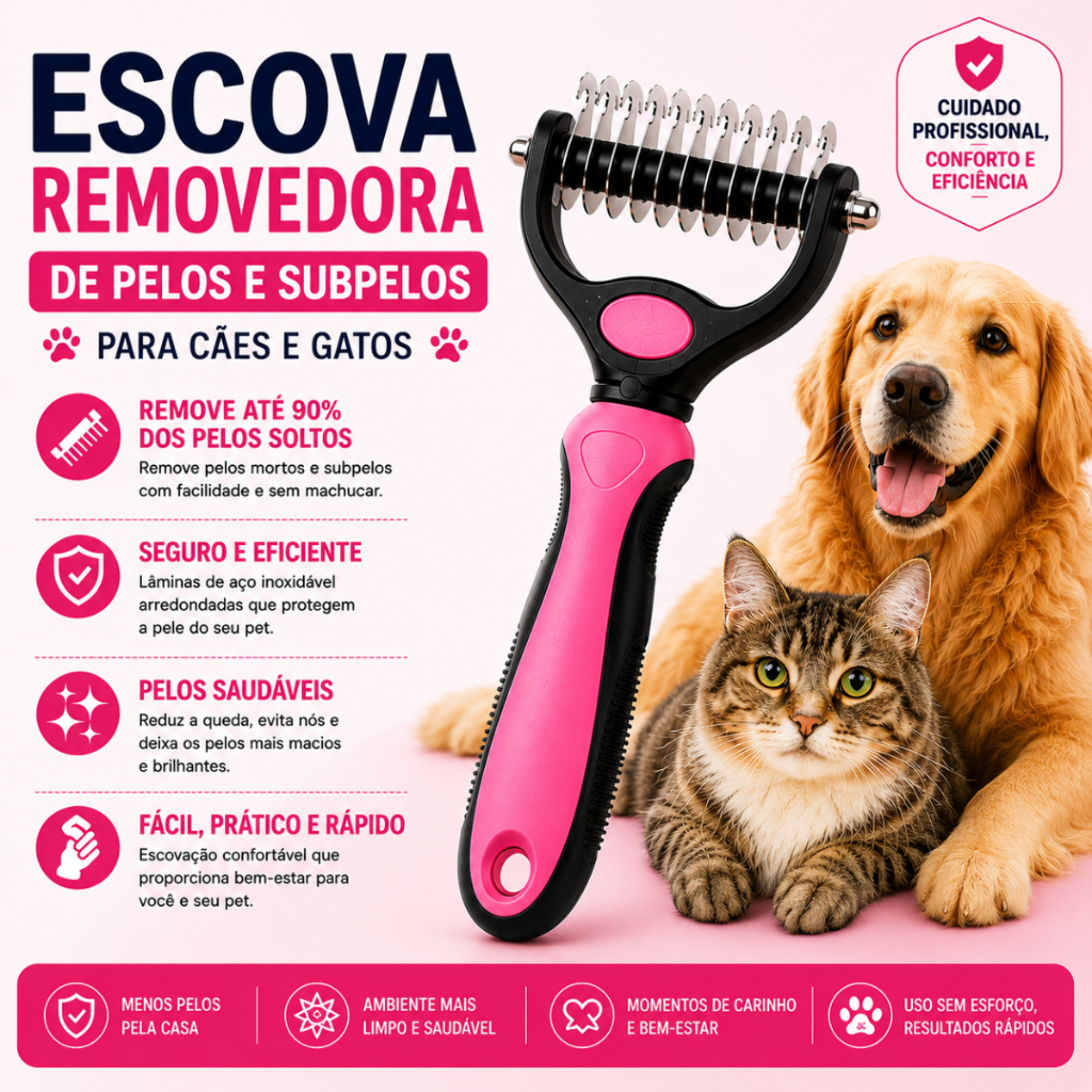 Escova Removedora de Pelos Pet Anti Nós Remove Subpelos Para Cachorro e Gato