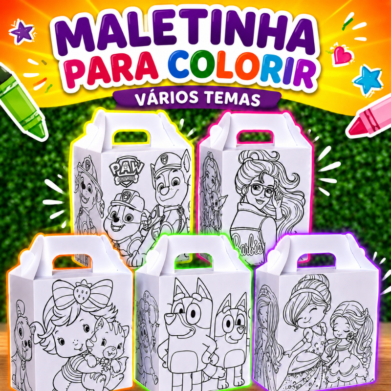 20UNID. Personalizados Festa  Infantil – Caixinhas Lembrancinhas – Maletinha para Colorir – Vários Temas – Pegue e Monte