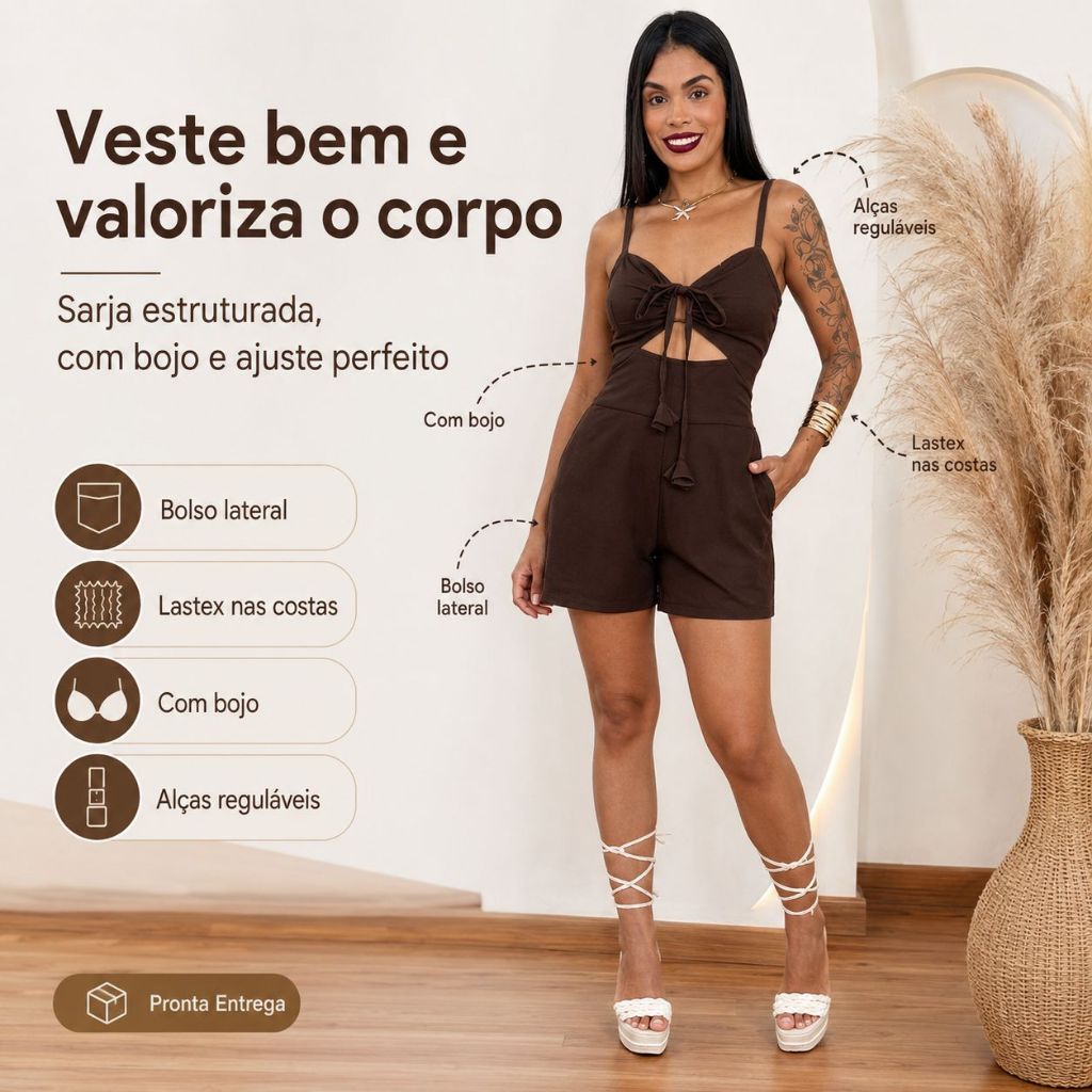Macaquinho Feminino Alfaiataria Sarja| Macacão Alça Regulável C/ Bojo e Laço Frontal Elegante Lastex Ajustável Tendência