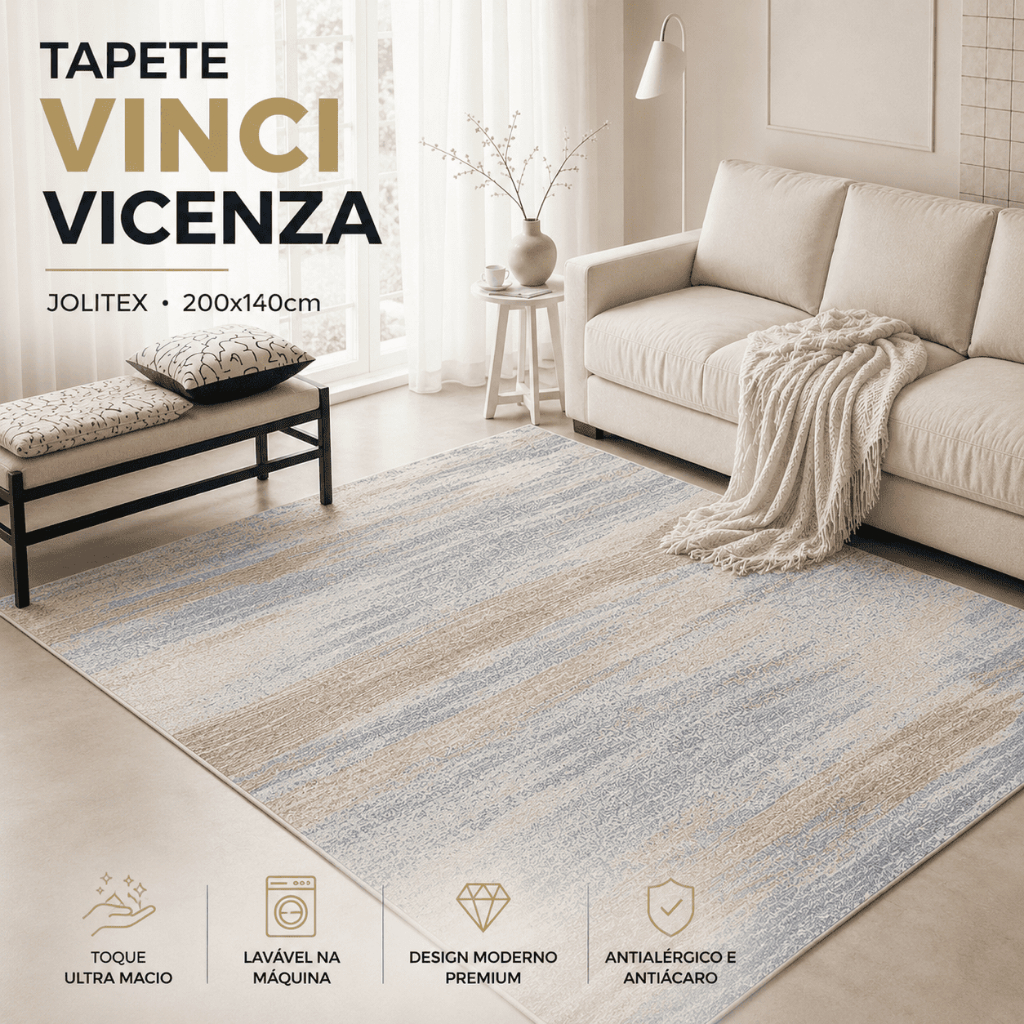 Tapete Sala Jolitex Vinci Vicenza 200x140cm Lavável na Máquina Antialérgico Dobrável Original Luxo