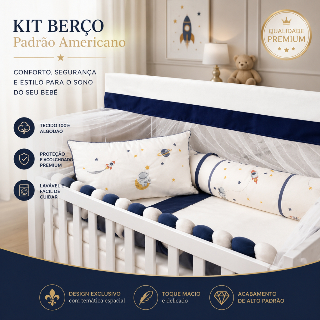 Kit Berço Americano Menino  Com Mosquiteiro  Bordado Antialérgico