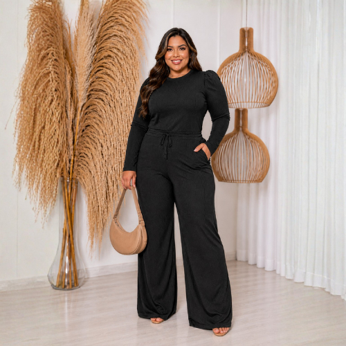 Conjunto Plus Size Feminino Canelado Calça Pantalona Blusa Manga Longa Elegante