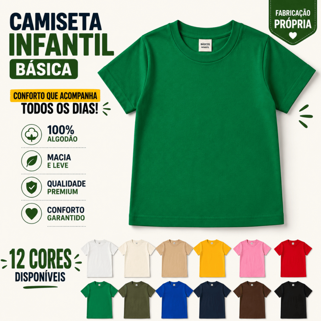 Camiseta Infantil Básica Algodão 100% Manga Curta Menino Menina Confortável Escola Lisa Uniforme