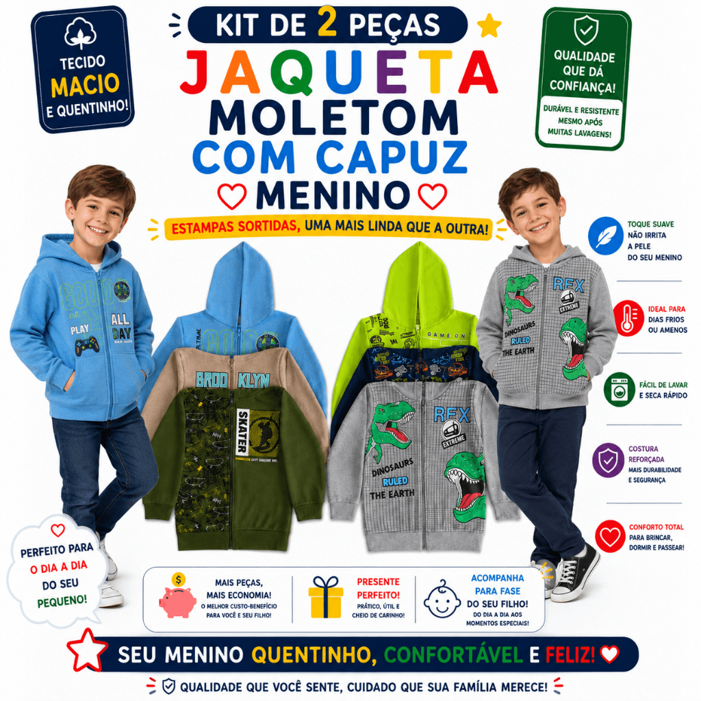 Kit Infantil Menino 2 Peças Jaqueta de Moletom com Capuz| Conjunto de Inverno Quentinho Estampas Sortidas