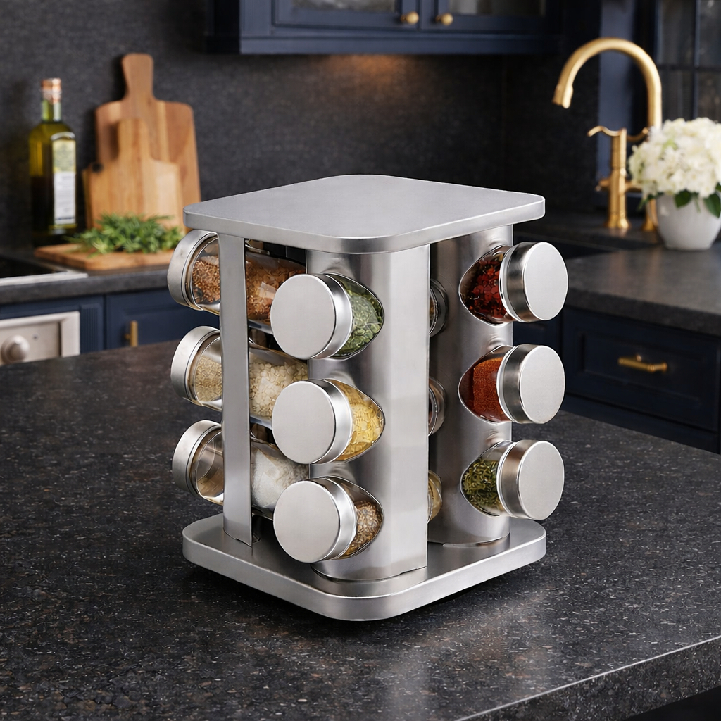 Porta Temperos Inox Quadrado Giratório – 12 Potes