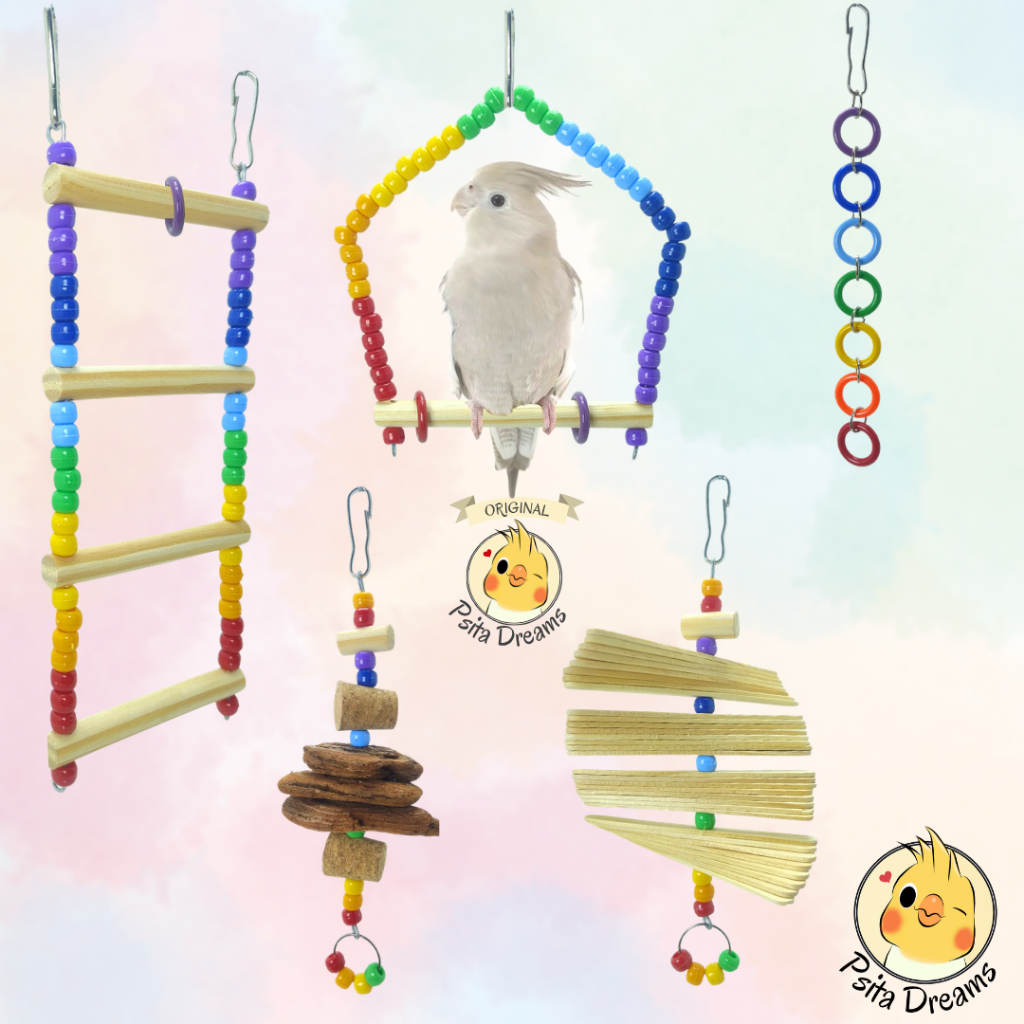 Kit de Brinquedos Premium Arco-íris calopsita, agapornis, periquito, aves, acessórios para gaiola, poleiro, balanço