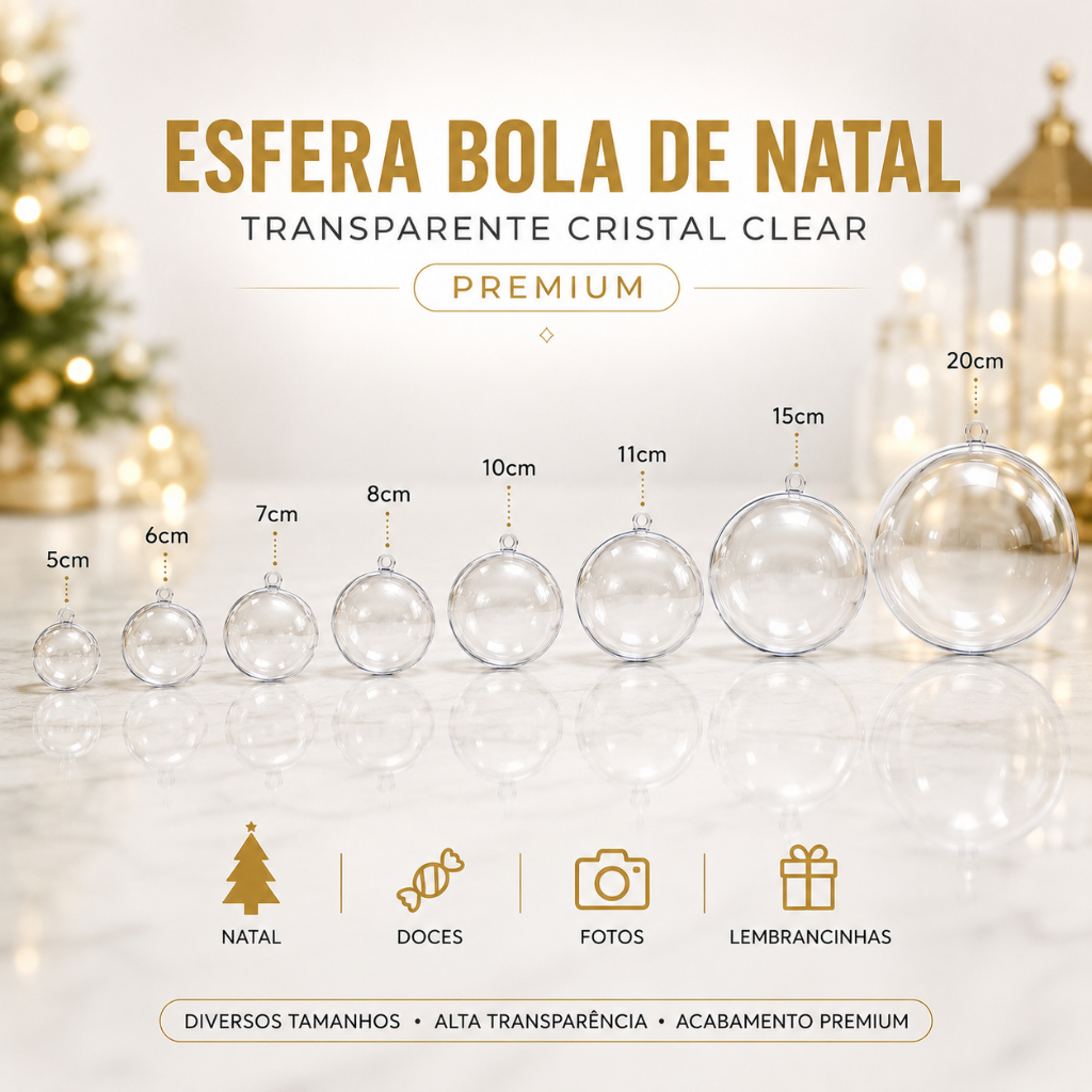 Kit 10 Esfera Bola de Natal Transparente Cristal Premium Fotos Doces Decoração Globo de neve