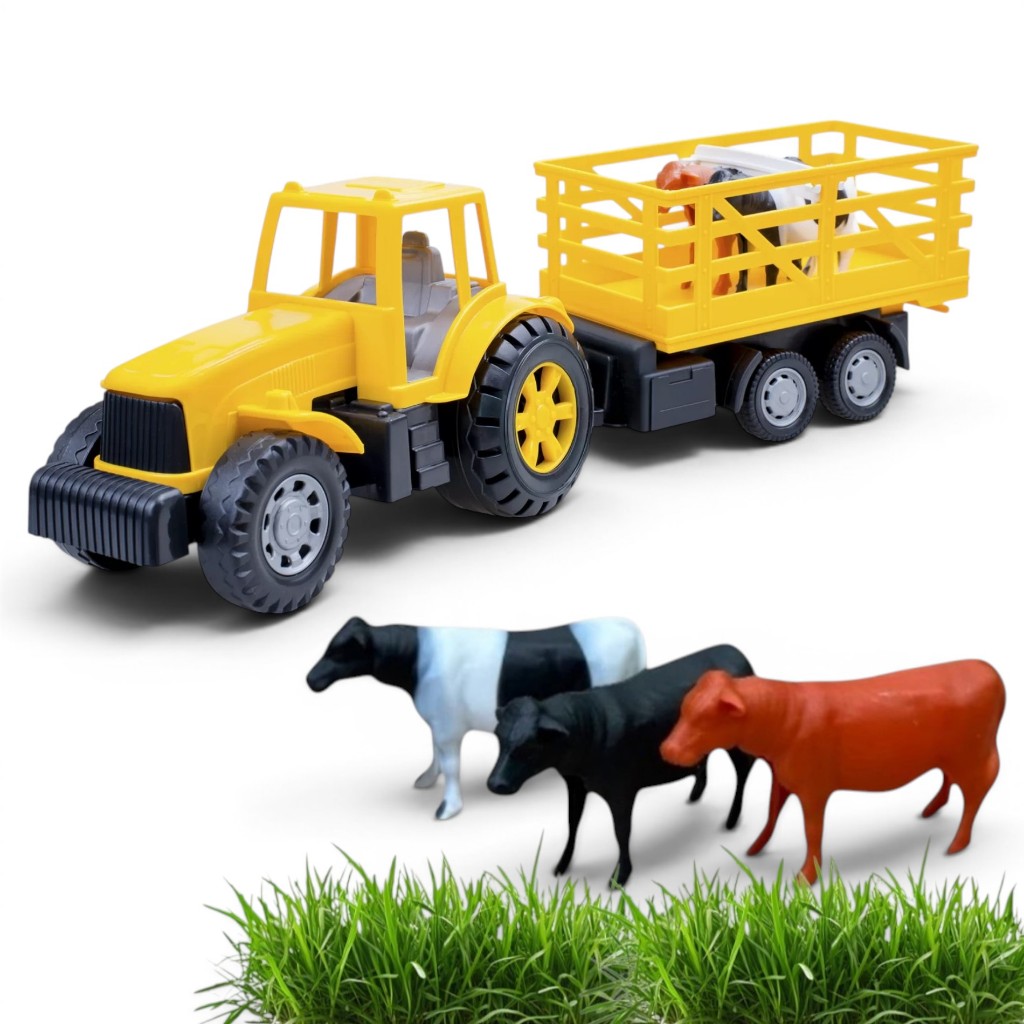 Brinquedo Trator com 2 Boizinhos com Carretinha Articulável Fazenda