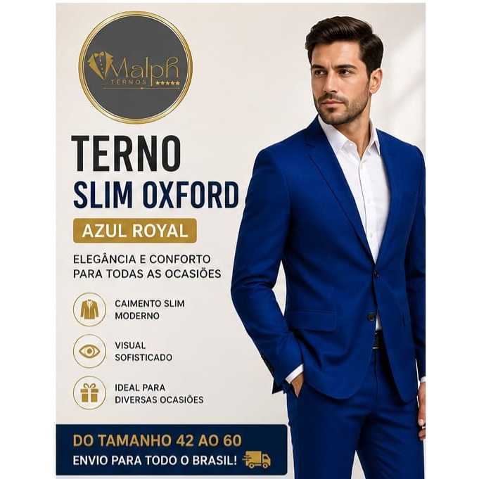 Terno Masculino Social Slim Fit Oxford 2 Botões Azul Royal