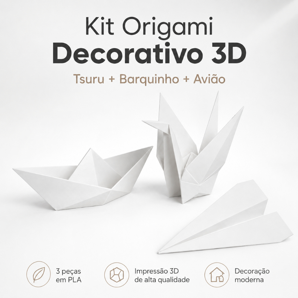 Kit Decorativo estilo Origami 3 Peças Tsuru Barco e Avião feito em impressora 3D (Plástico PLA)