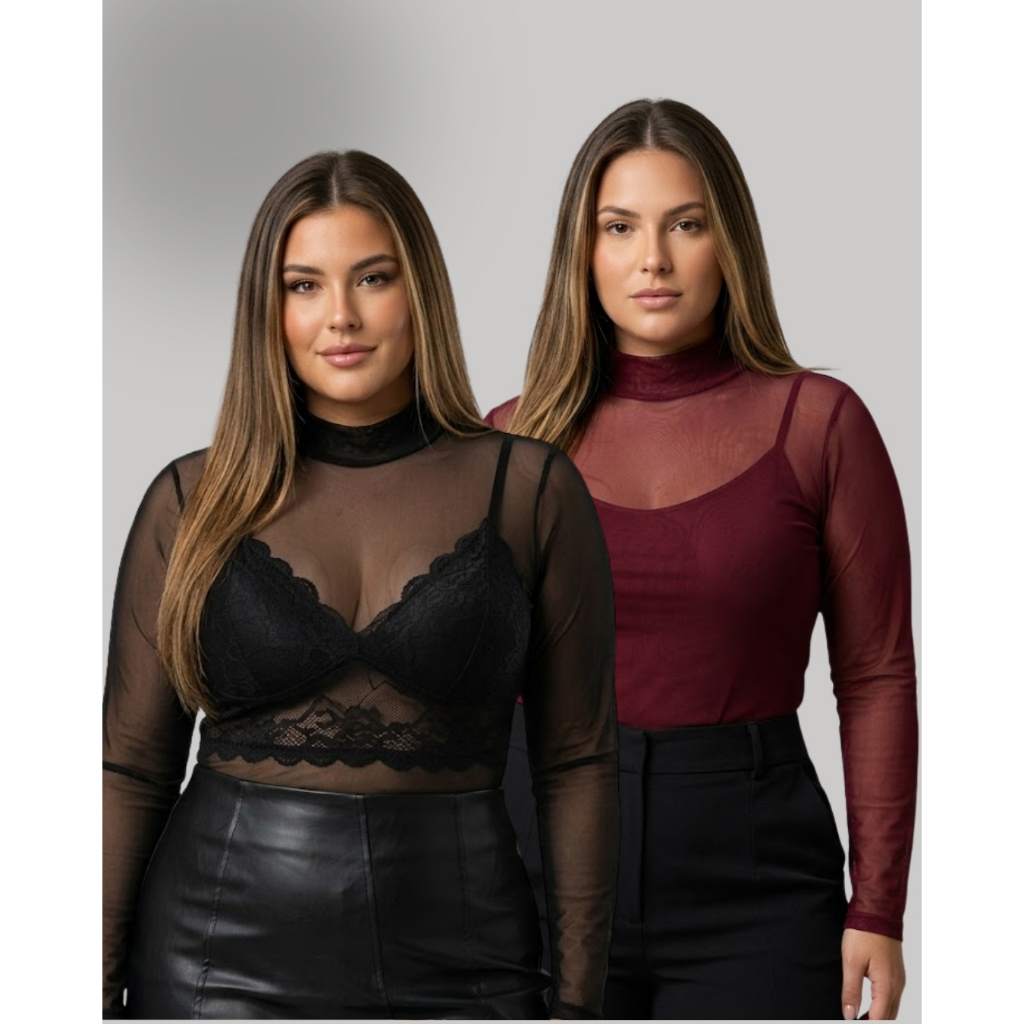 Blusa Tule Feminina Plus Size Transparente Manga Longa Gola Alta Casual Elegante Segunda Pele Premium