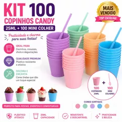Kit 100 Copo Copinho Potinho Candy 25ml Brigadeiro Colher Doce Docinho Com Colher Festa Aniversário