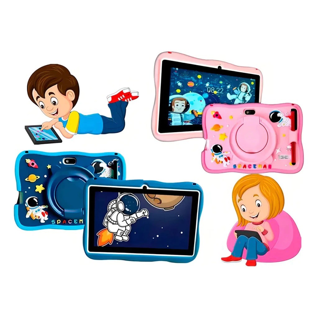 Tablet Infantil 7 Polegadas Q8 64GB+4GB RAM Android 13 com Capa Anti-Queda Espacial, Wi-Fi 5GHz, Quad Core para Estudo