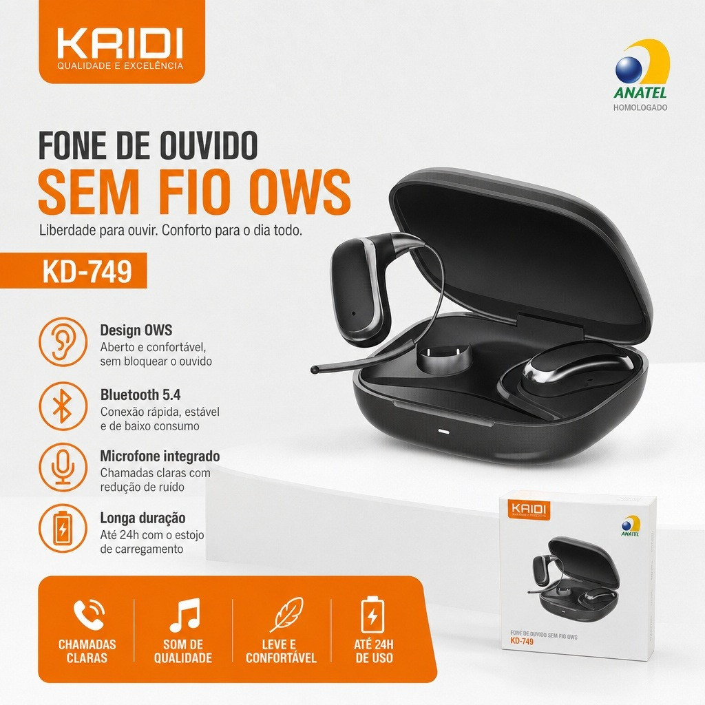 Fone Bluetooth KAIDI KD-749 OWS Sem Fio Conforto Aberto Bateria Duradoura Tipo-C