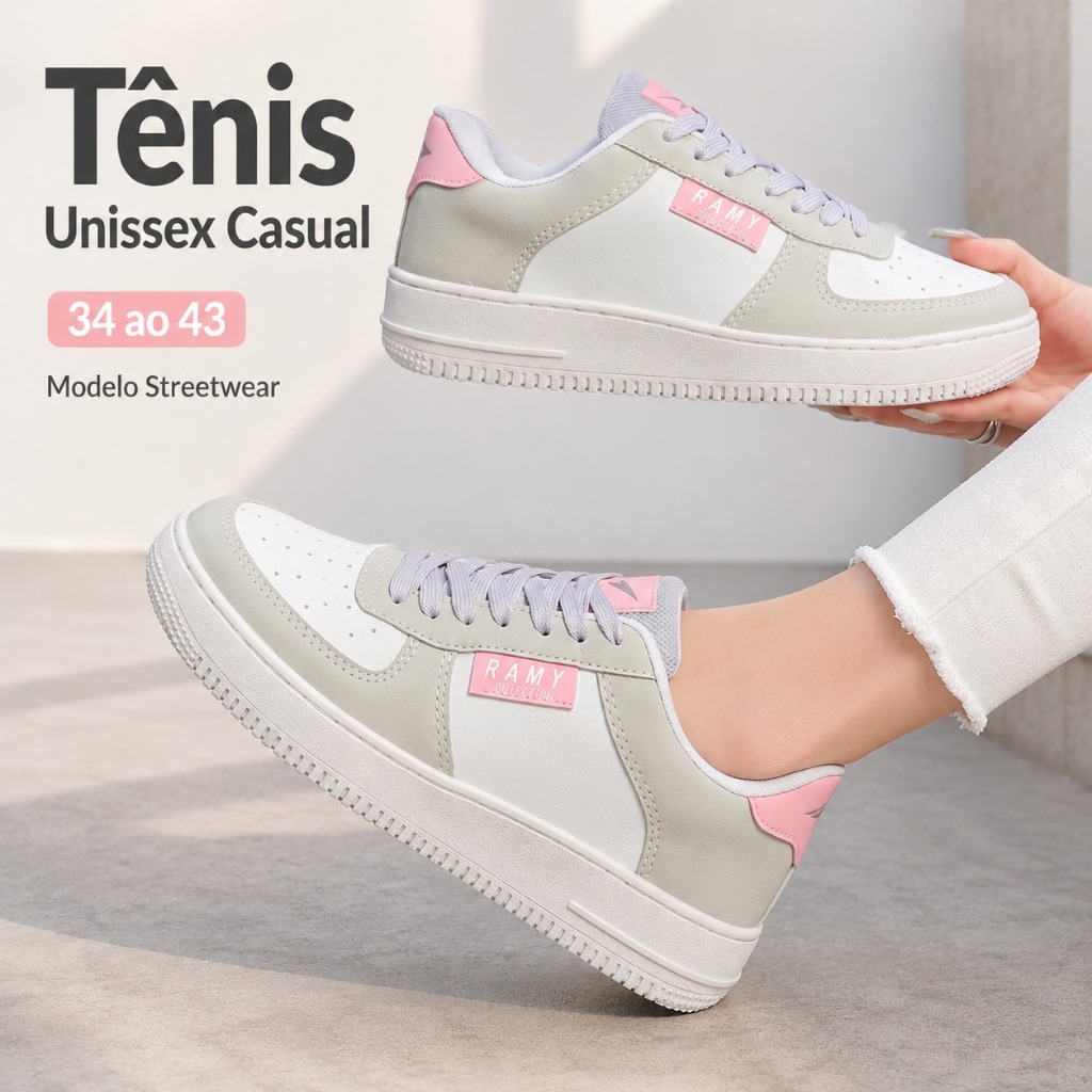 Tênis Feminino Streetwear Masculino Casual Ramy Cyber Confortável 34 ao 43 Promoção