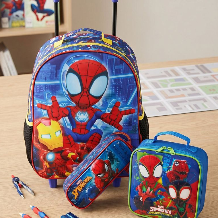 Kit Conjunto Escolar Infantil Menino Spidey Mochila de Rodas + Lancheira  + Estojo Triplo Spider Man