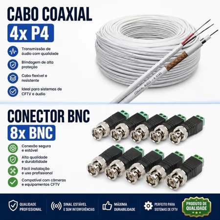 Kit P/ Instalação 4 Câmeras Segurança Conectores e Cabo 50M