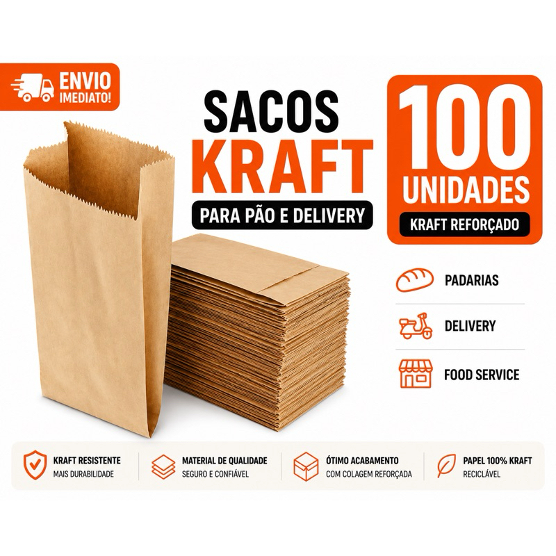100 Sacos Kraft Mix Reforçados SP Para Delivery Lanches Pães Embalagem