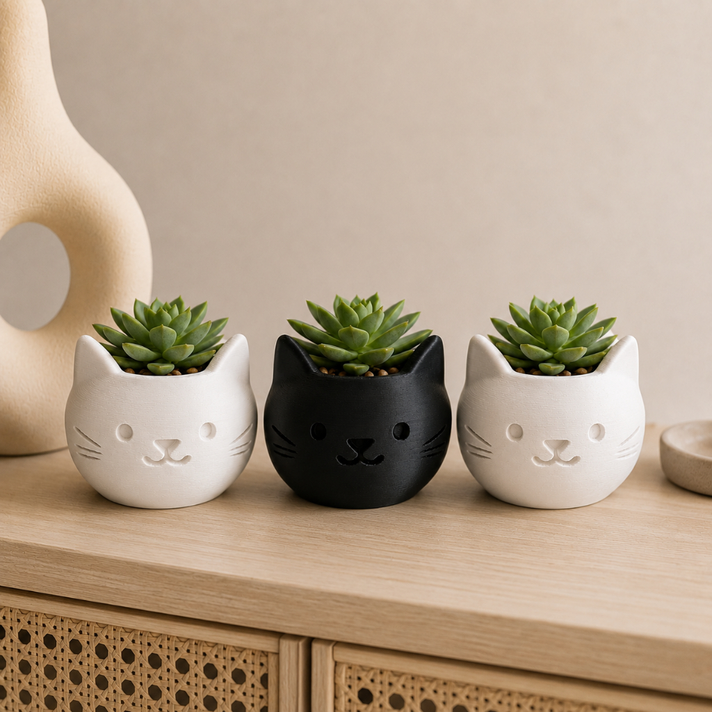 Kit 3 Vasos Decorativo Gatinho Cachepô Decoração Impressão 3D Suculentas Gato