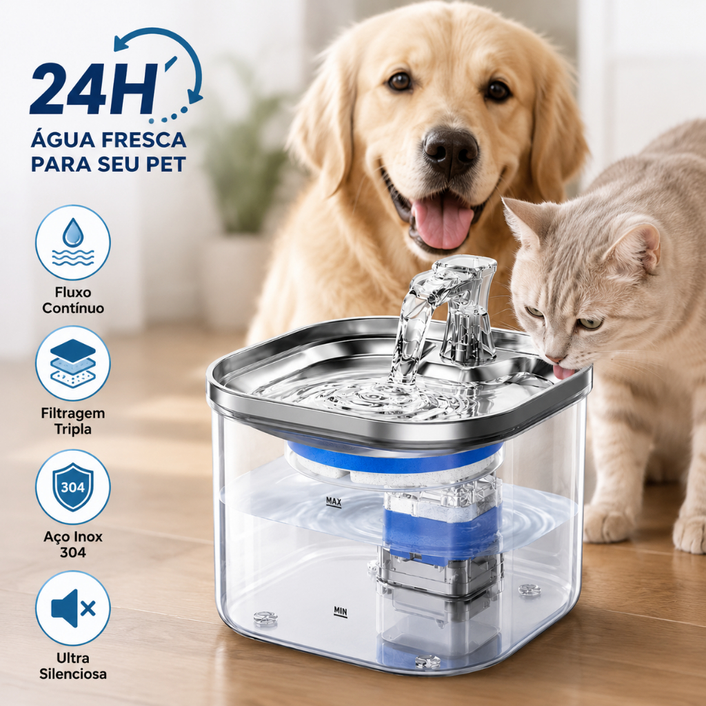 Fonte de Água para Gatos e Cães Inox 304 2L Automática com Filtro Triplo Super Silenciosa