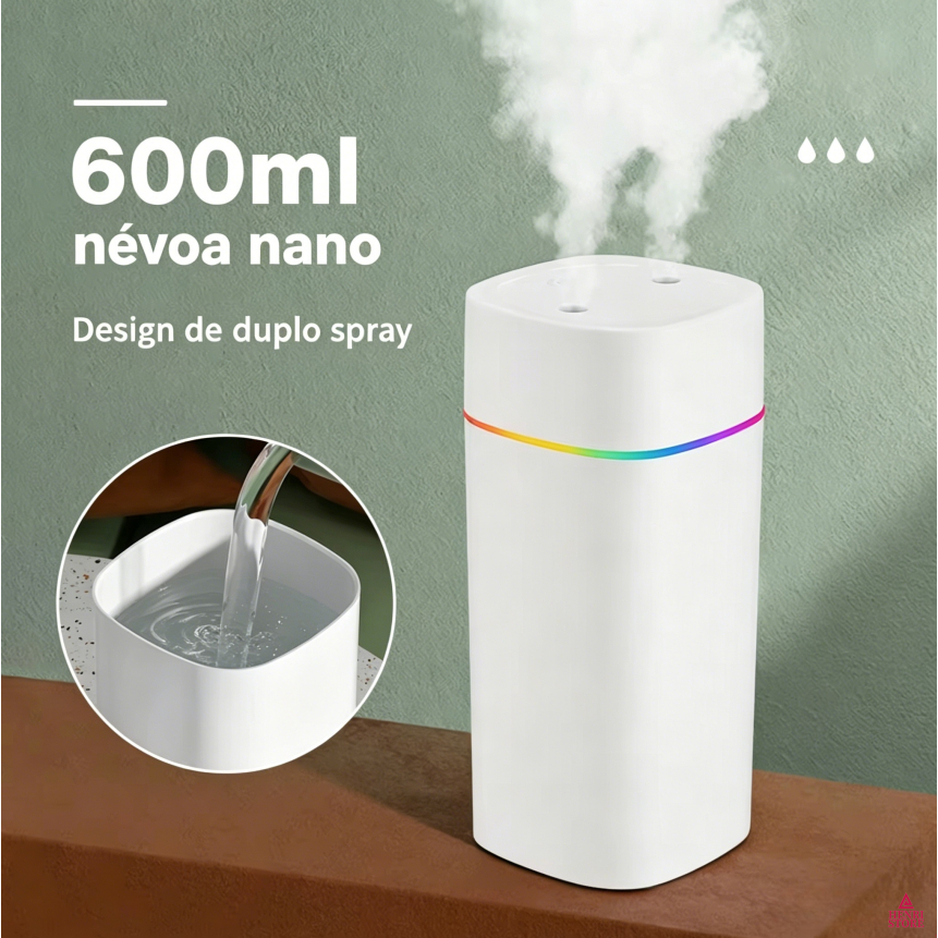 Umidificador De Ar E Aromatizador Difusor 600ML Usb Purificador  Essência Ultrassonico Pulverização dupla