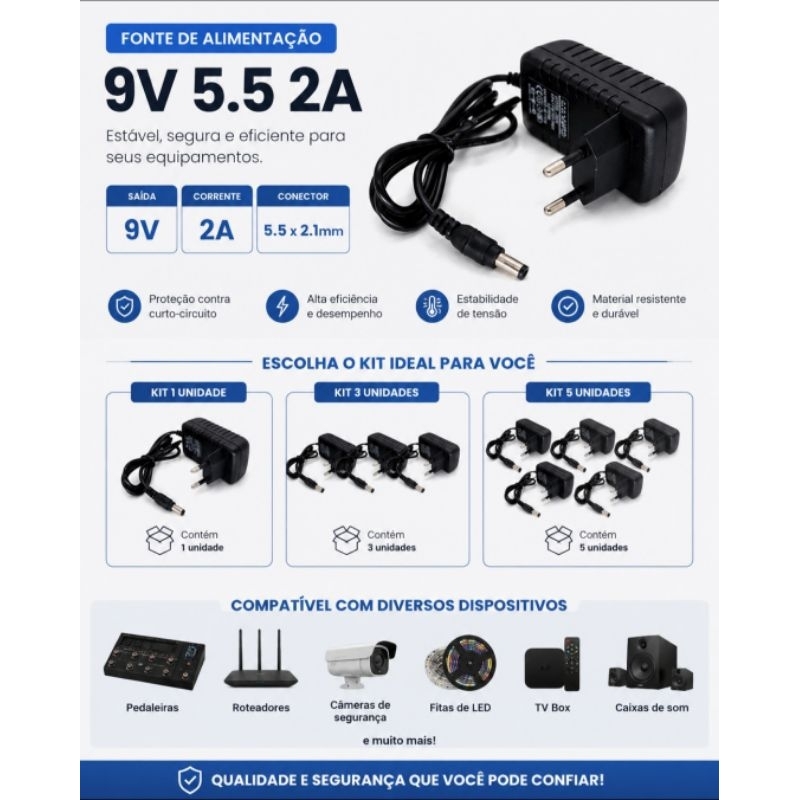 Fonte de Alimentação compatível 9V 2A Plug 5.5x2.1mm Bivolt