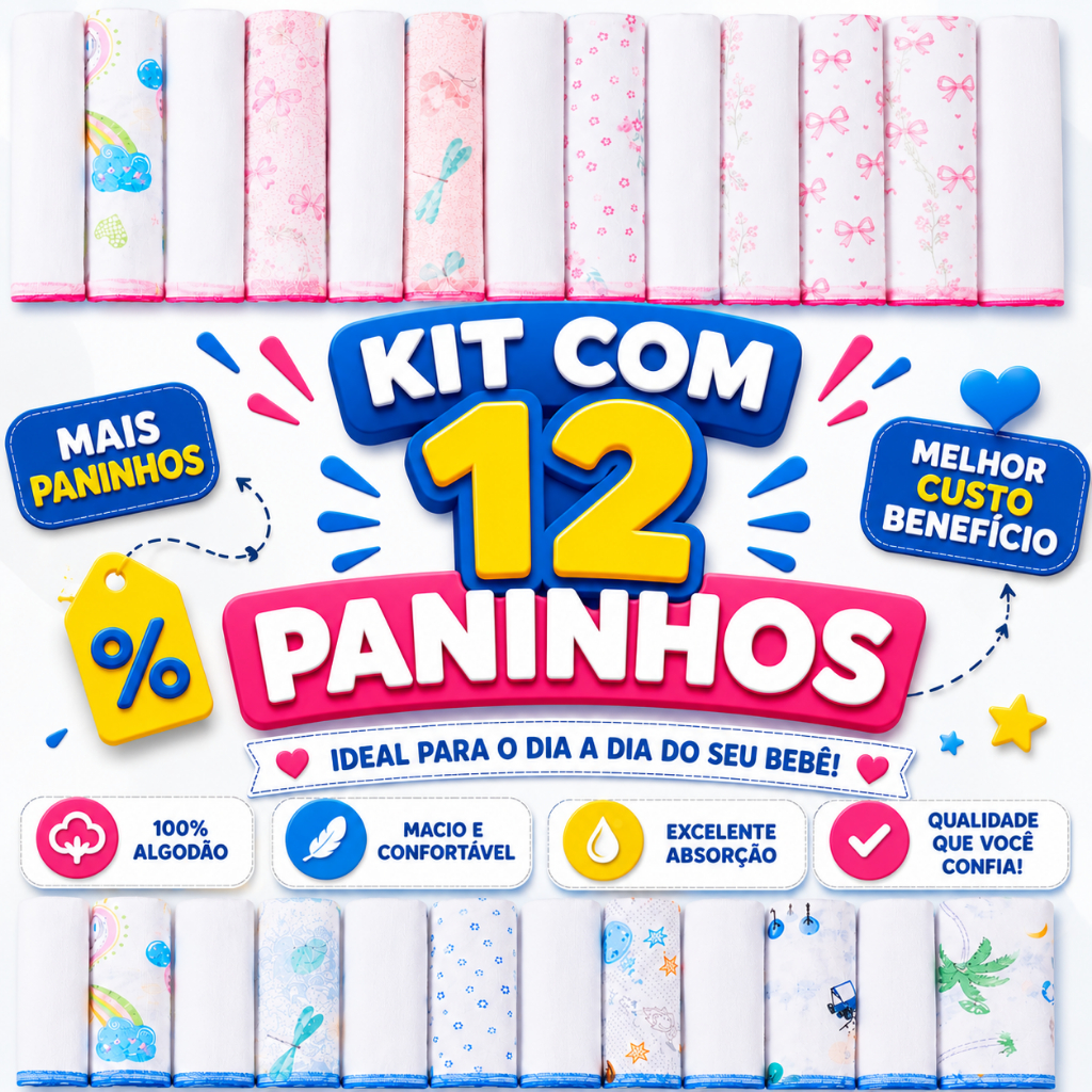 Pacote com 12 Pano de Boca Bebê Karinho 30x30cm 100% Algodão Menino Menina 12 peças