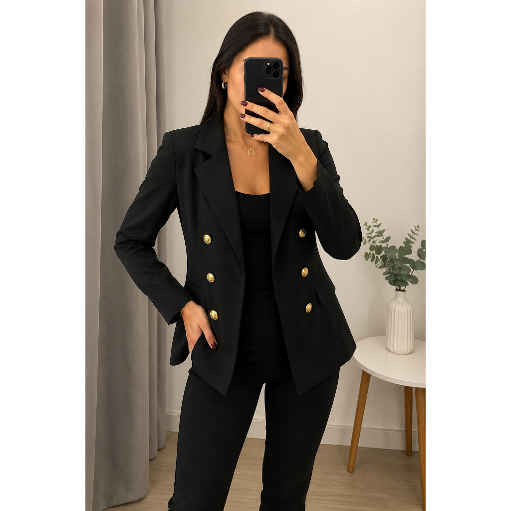 Blazer Feminino Preto Alfaiataria Premium Botões Dourados Tam M